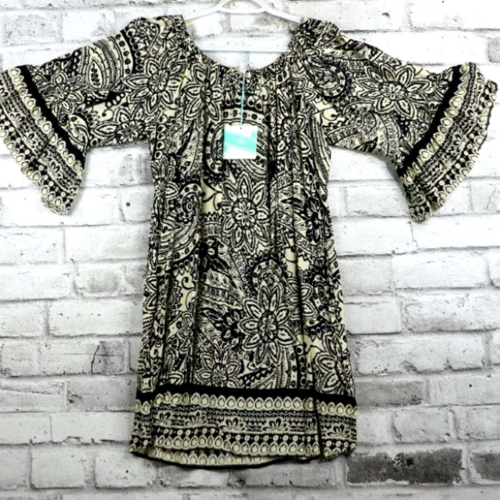 Umgee USA Mid Length Cream and Black Boho Floral Size M Flared Sleeve Dress